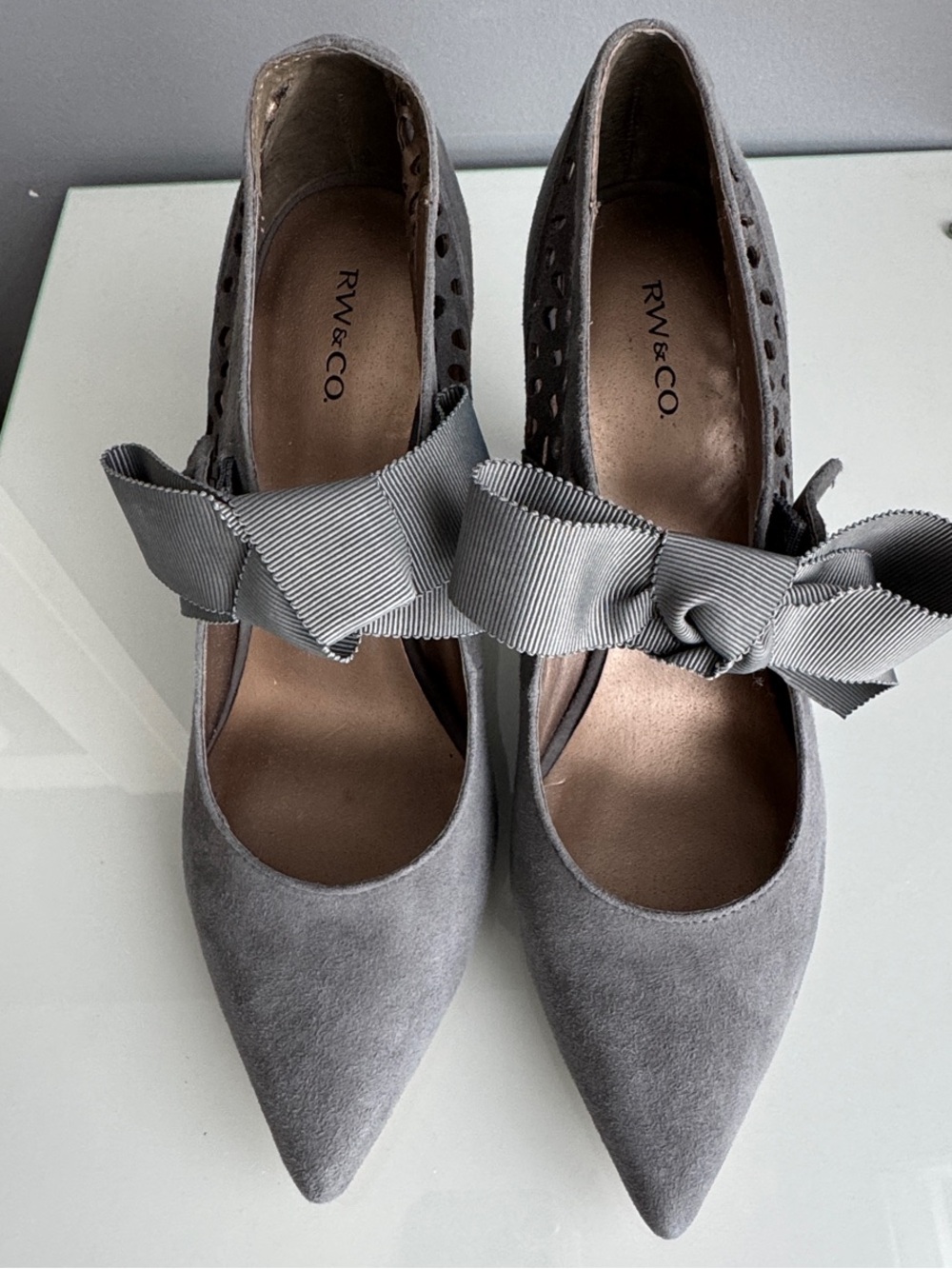 Grey Suede Pointed-Toe Bow Pumps